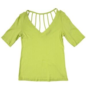 Barbara Lesser Lime Green V-Neck Caged Ladder Front Top Short Sleeve Small